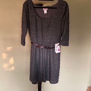 Three Pink Hearts Textured Grey Skater Dress with Belt NWT